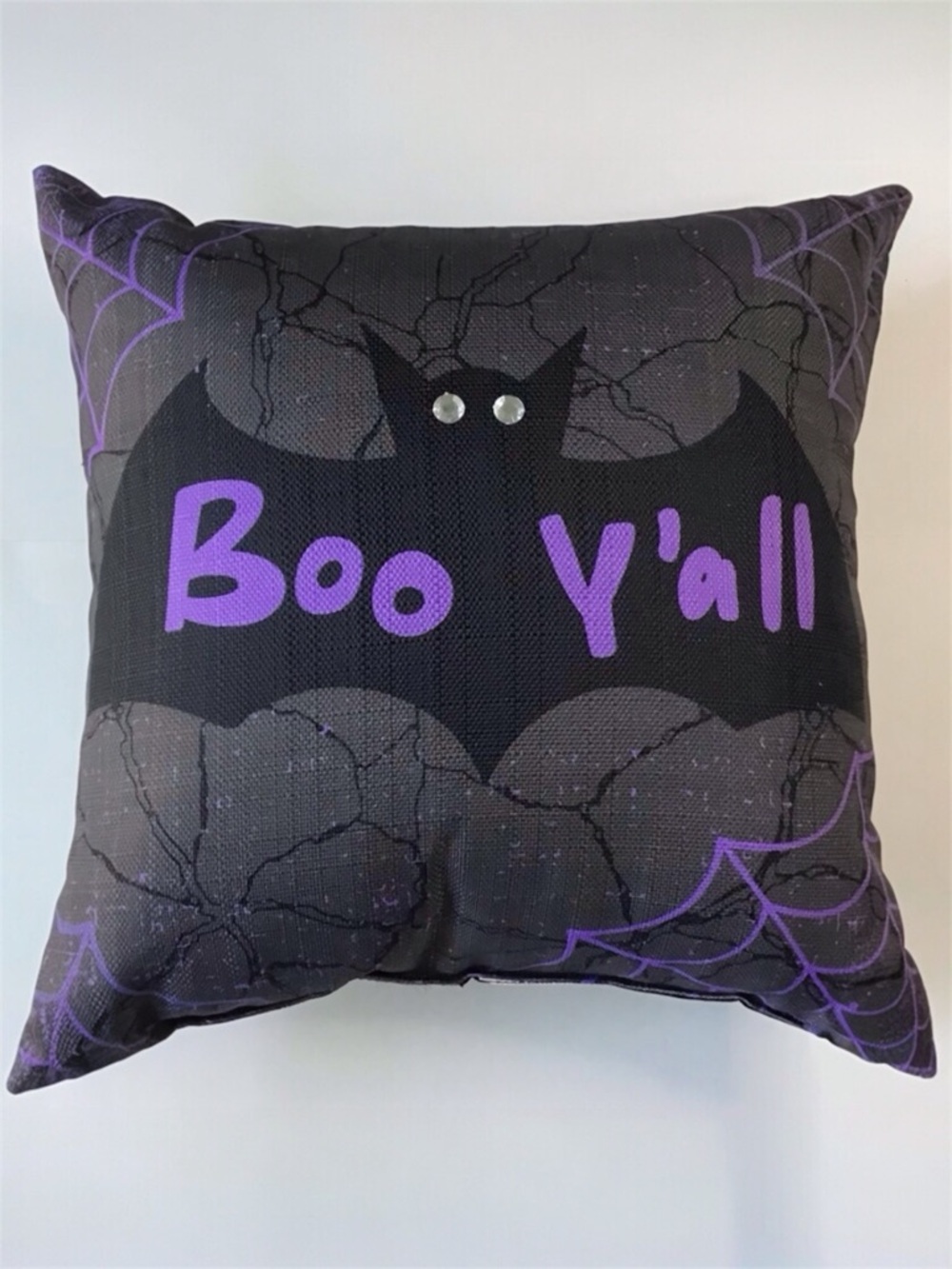 Halloween Decorative Pillow Boo Y’all Bat With Rhinestone Eyes 16”x16”